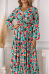 Multicolor Bohemia Print V Neck Ruffle Long Sleeve Maxi Dress-Dresses-MomFashion