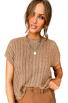 Light French Beige Crew Neck Cable Knit Short Sleeve Sweater-Tops-MomFashion