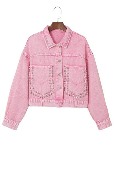 Pink Rivet Studded Pocketed Denim Jacket-Outerwear-MomFashion