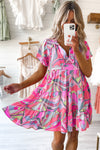 Pink Abstract Geometric Print Tassel Tie Flared Dress-Dresses-MomFashion