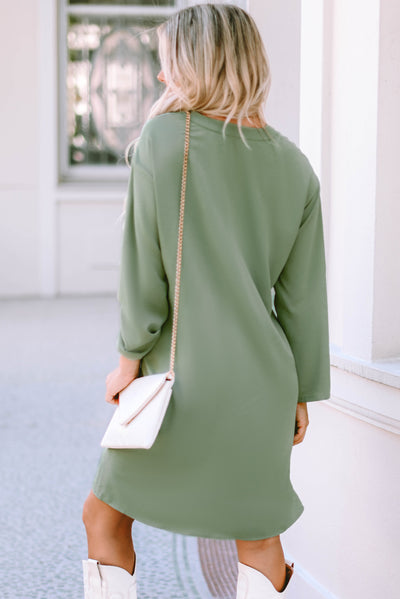 Green Roll-tab Sleeve Flowy Casual Dress-Dresses-MomFashion