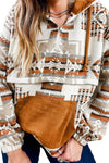 Beige Aztec Print Kangaroo Pocket Half-Zip Hoodie-Tops-MomFashion