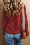 Red Sandalwood V Neck Center Seam Long Sleeve Tee-Tops-MomFashion