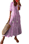 Pink V Neck Casual Geometric Print Maxi Dress-Dresses-MomFashion