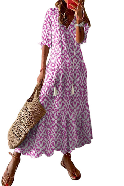 Pink V Neck Casual Geometric Print Maxi Dress-Dresses-MomFashion