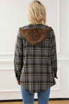 Contrast Hooded Drawstring Plaid Shacket-Outerwear-MomFashion