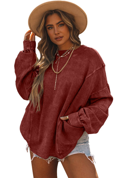 Fiery Red Exposed Seam Twist Open Back Oversized Sweatshirt-Tops-MomFashion