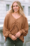 Brown V-Neck Drawstring Dolman Sleeve Waffle Knit Top-Tops-MomFashion