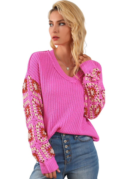 Rose Floral Crochet Cable Knit V Neck Sweater-Tops-MomFashion