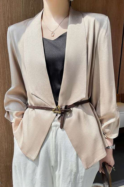 Apricot Solid Lapel Collar Satin Blazer-Outerwear-MomFashion