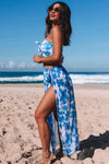 Sky Blue Tropical Ruffle Bikini High Waisted Swimsuit with Sarong-Swimwear-MomFashion