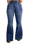 Dark Blue Plus Size Stitching Washed Flare Jeans-Plus Size-MomFashion