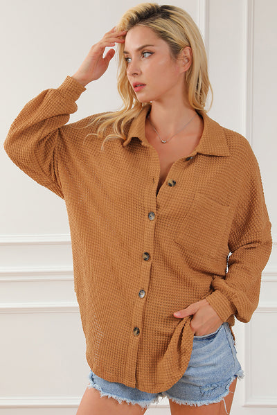 Brown Waffle Knit Button Up Casual Shirt-Tops-MomFashion