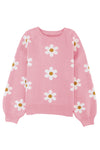 Pink Floral Pattern Drop Shoulder Sweater-Tops-MomFashion