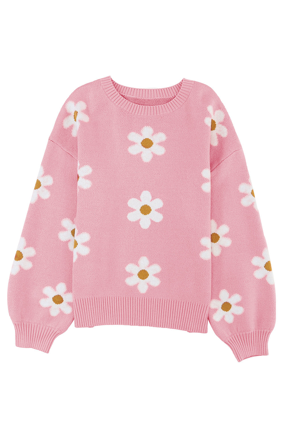 Pink Floral Pattern Drop Shoulder Sweater-Tops-MomFashion