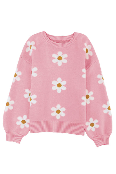 Pink Floral Pattern Drop Shoulder Sweater-Tops-MomFashion