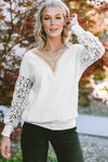 White Lace Splicing V Neck Puff Sleeve Top-Tops-MomFashion