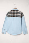 Sky Blue Plaid Patchwork Raw Hem Denim Jacket-Outerwear-MomFashion