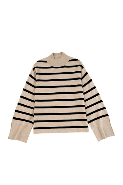 Khaki Striped Mock Neck Bell Sleeve Knit Sweater-Tops-MomFashion