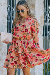 Red Frilled Collar Long Sleeve Floral Dress with Ruffle-Dresses-MomFashion