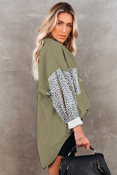 Contrast Leopard Denim Jacket-Outerwear-MomFashion