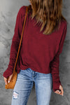 Red Solid Crew Neck Long Sleeve Top-Tops-MomFashion