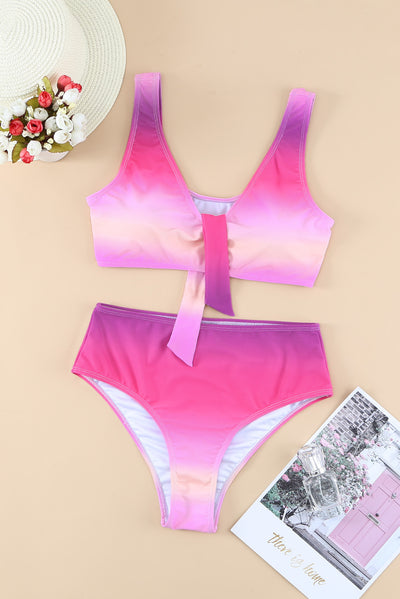 Purple Gradient Color Knotted V Neck Bikini Swimsuit-Swimwear-MomFashion