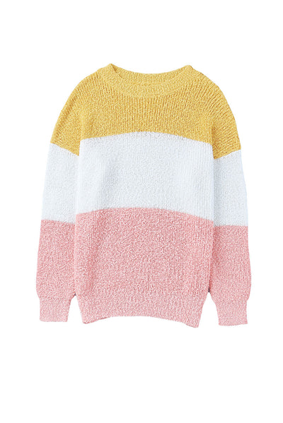 Yellow Colorblock Bubble Sleeve Plus Size Sweater-Plus Size-MomFashion