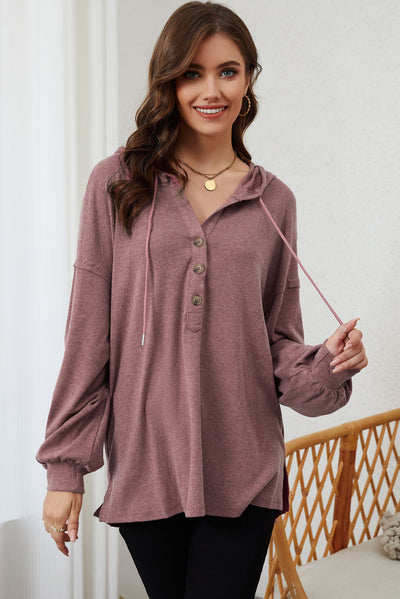 Buttoned High and Low Hem Hoodie-Tops-MomFashion