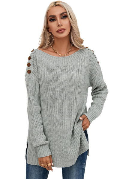 Gray Buttoned Drop Shoulder Oversized Sweater-Tops-MomFashion