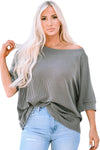 Gray Boatneck Batwing Sleeve Cording Blouse-Tops-MomFashion