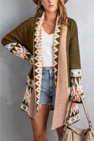 Brown Aztec Print Open Front Knitted Cardigan-Tops-MomFashion