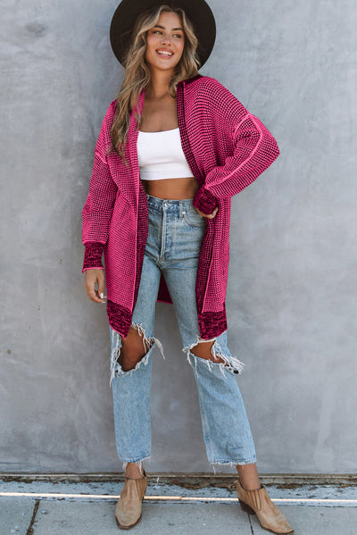 Rose Plaid Knitted Long Open Front Cardigan-Tops-MomFashion