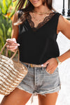 Black Lace Splicing Open Back V Neck Tank Top-Tops-MomFashion