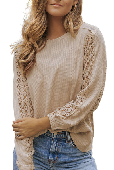 Light French Beige Lace Patch Sleeve Waffle Knit Top-Tops-MomFashion