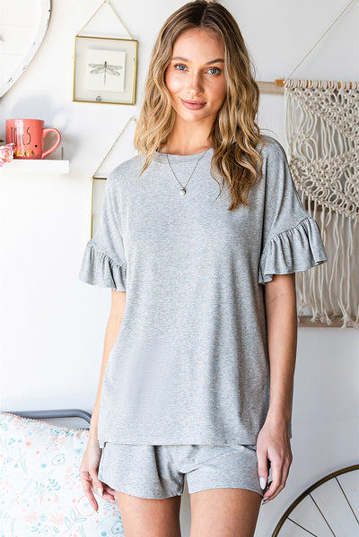 Gray Ribbed Knit Ruffle Trim Casual Short Set-Loungewear-MomFashion