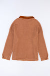 Brown Waffle Knit Button Contrast Trim Long Sleeve Top-Tops-MomFashion