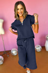 Navy Blue Textured Flutter Sleeve Top Wide Leg Pants Set-Loungewear-MomFashion