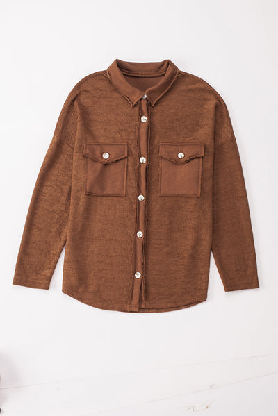 Brown Contrast Flap Pockets Relaxed Shacket-Outerwear-MomFashion