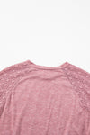 Rose Pink Contrast Lace Raglan Sleeve Plicate Round Neck Top-Tops-MomFashion