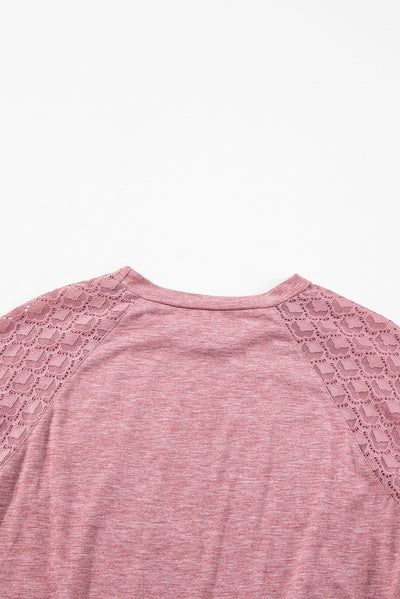 Rose Pink Contrast Lace Raglan Sleeve Plicate Round Neck Top-Tops-MomFashion