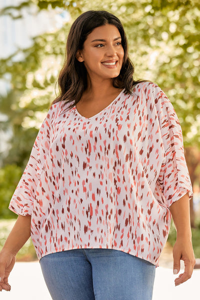 Pink Printed 3/4 Dolman Sleeve Plus Size Blouse-Plus Size-MomFashion