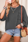 Dark Gray Ribbed Roll-tab Sleeve Chest Pocket Oversize Top-Tops-MomFashion