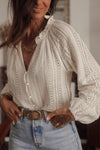 White V-Neck Long Sleeve Button Up Lace Shirt-Tops-MomFashion