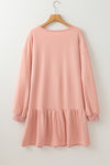 Dusty Pink Solid Color Puff Sleeve Ruffle Hem Mini Dress-Dresses-MomFashion