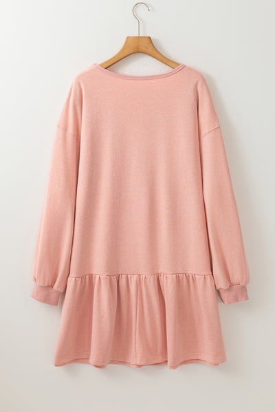 Dusty Pink Solid Color Puff Sleeve Ruffle Hem Mini Dress-Dresses-MomFashion