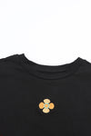 Black Embroidered Flower Short Puff Sleeve Tee-Tops-MomFashion