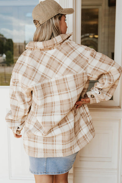 Khaki Sherpa Plaid Button Pocketed Jacket-Outerwear-MomFashion