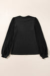 Black Contrast Ribbed Bishop Sleeve Top-Tops-MomFashion