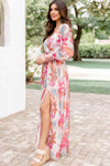 Tropical Plant Print Long Sleeve Wrap V-Neck Slit Maxi Dress-Dresses-MomFashion